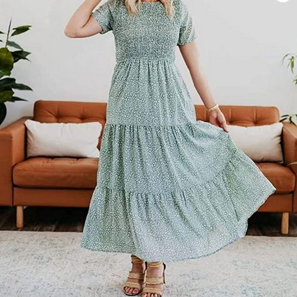 Kranda Short Sleeve Smocked Floral Maxi 